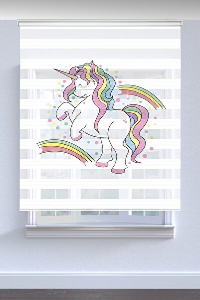 Kanteks Exclusive Gökkuşağı Unicorn Baskılı Çocuk Odası Zebra Perde