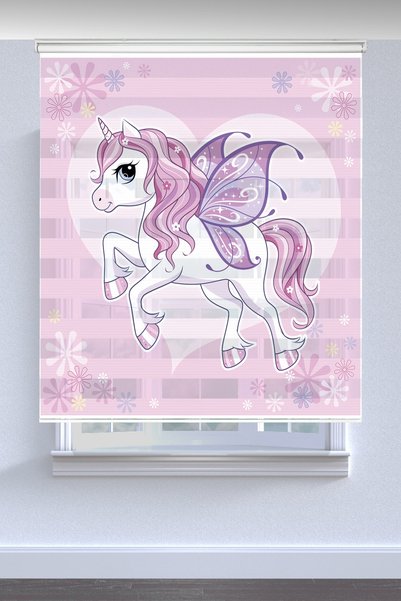 Kanteks Exclusive Pembe Unicorn Baskılı Çocuk Odası Zebra Perde