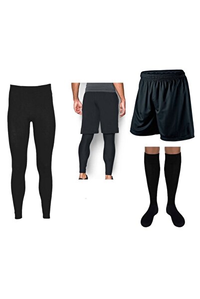 parypary Uzun Sporcu Tayt Spor Şort Ve Lux Çorap 3lü Set