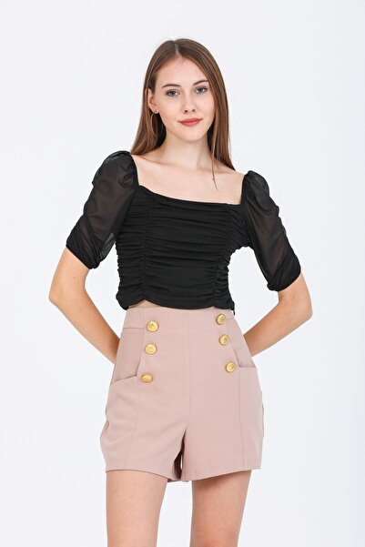 Siyah Büzgülü Kadın Crop