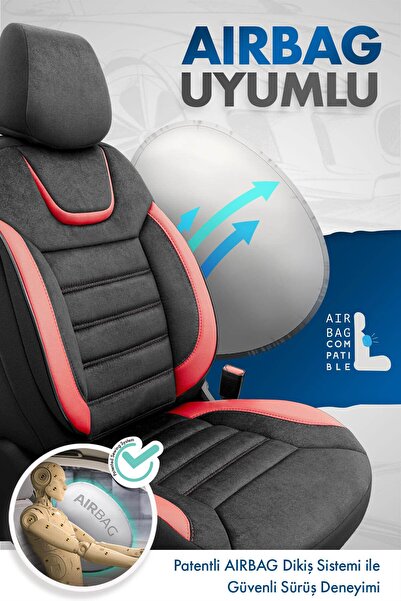 Otom Oto Koltuk Kılıfı Tam Set Gerçek Süet Ortopedik Siyah Kırmızı - Iconic