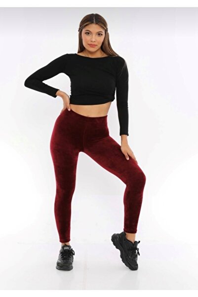 BAYKAL EM1 Mdz Collectıon Düz Kadife Yüksek Bel Bordo Tayt