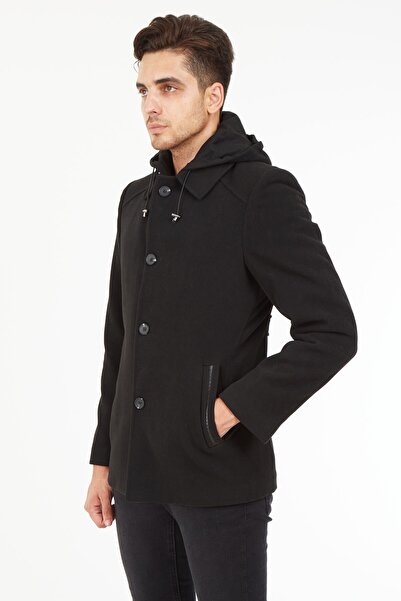 SPOSO Erkek Siyah Çıkma Kapşonlu Kaşe Kısa Kaban