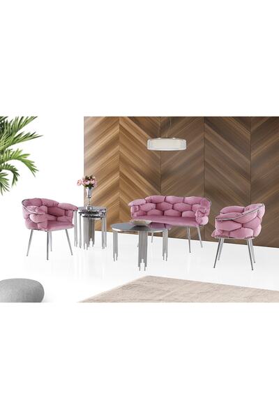 Viento Mobilya Pembe Babyface Kumaş Krom Iskelet Balon Çay Seti 2+1+1 (orta S...