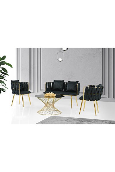 Viento Mobilya Siyah Kumaş Gold Iskelet Sarmaşık Çay Seti 2+1+1 (orta Sehpa V...