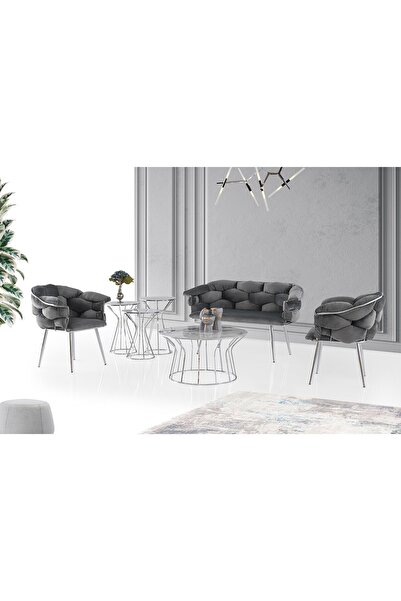 Viento Mobilya Gri Babyface Kumaş Krom Iskelet Balon Çay Seti 2+1+1 (orta Seh...