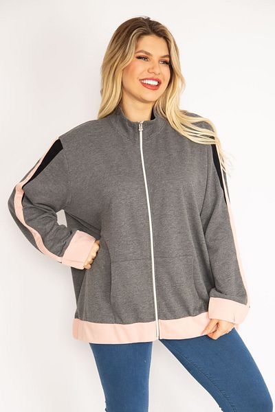 Şans Women's Large Size Gray Front Zippered Kangaroo Pocket Sweatshirt Coat 65n35046