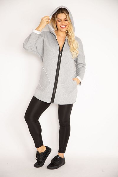 Şans Women's Large Size Gray Front Zipper Pocket and Hooded Coat 65n35108