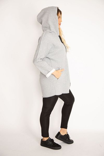 Şans Women's Large Size Gray Front Zipper Pocket and Hooded Coat 65n35108
