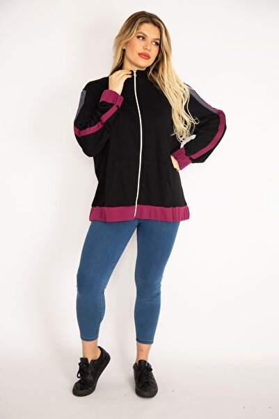 Şans Women's Large Size Black Front Zipper Kangaroo Pocket Sweatshirt Coat 65n35046