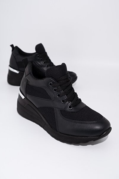 Modabuymus Black Mesh Wedge Heeled Sneaker Lace-Up Sports Shoes - Pily