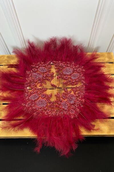 ZEYMERADE Bordo Vip Deluxe Gelin Mendili, Boncuk Inci Pul Detaylı Lüks Güpürlü