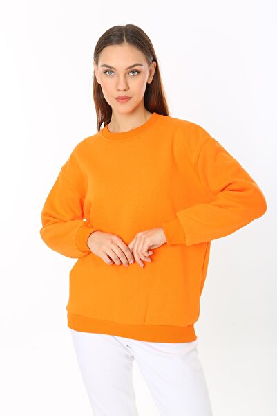 Jeevee Kadın Turuncu Basic Bisiklet Yaka Baskısız Düz Oversize Salaş Bol Kesi...