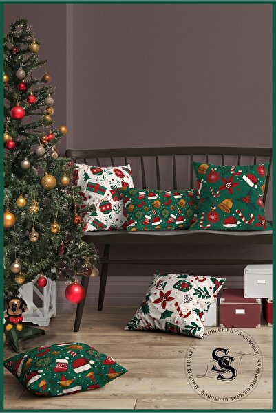 SasoHome Happy New Year - New Year's Decorations Patterned 5-Piece Combination Patterned Digital Printed Throw Pillow Cover