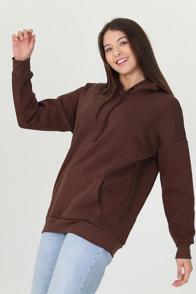 Neşeli Butik Дамски кафяв суитшърт с качулка и джоб „кенгуру“ с три нишки FVR002