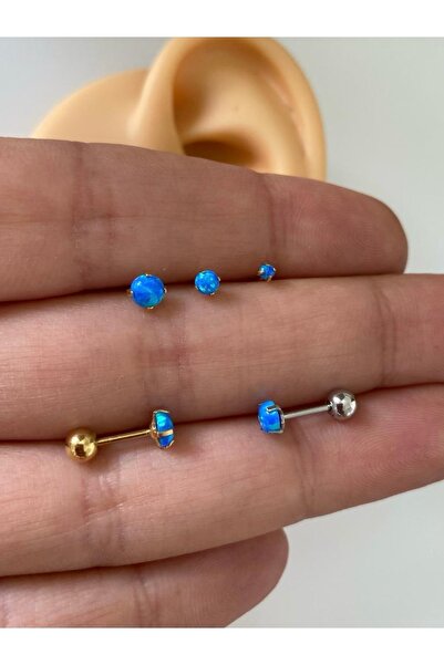 Arescollection Cerrahi Çelik Orjinal Opal Taşlı Gold Renk Barlı Kulak Piercingi