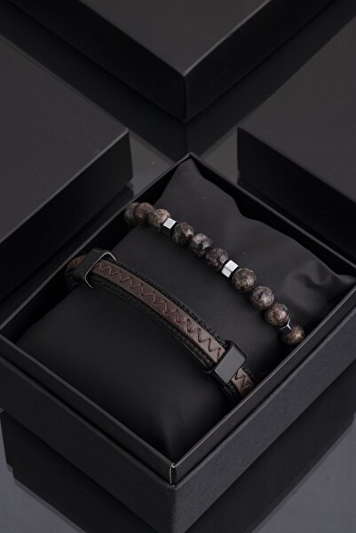 Sortie Aksesuar Hakiki Deri Ve Doğal Taş Erkek Kombin Bileklik Seti 002
