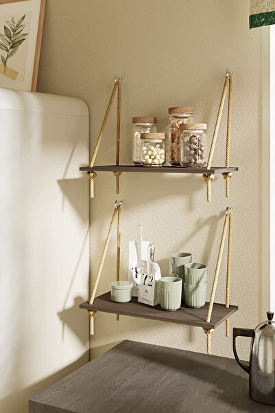 Alyones 2li Set Koyu Kahve Asma Duvar Rafları, Halatlı Yüzer Raf, Salon/yatak Odası/banyo Ve Mutfak Raflar