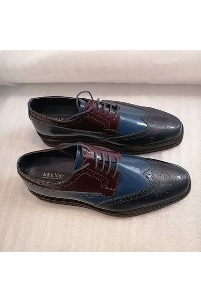 John May Men's Genuine Leather Opening Navy Blue Claret Red Blue Staple Hole Non-Slip Eva Sole Lace Up Shoes