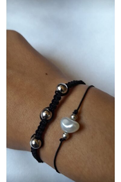 nascollection سوار أسود مرصع باللؤلؤ مكون من قطعتين