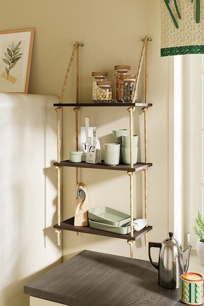 Alyones 3 Katlı Koyu Kahve Halatlı Duvarı Asma Yüzer Raflar, Rustik Kahverengi Duvar Rafı, 2 Piton Kancalı