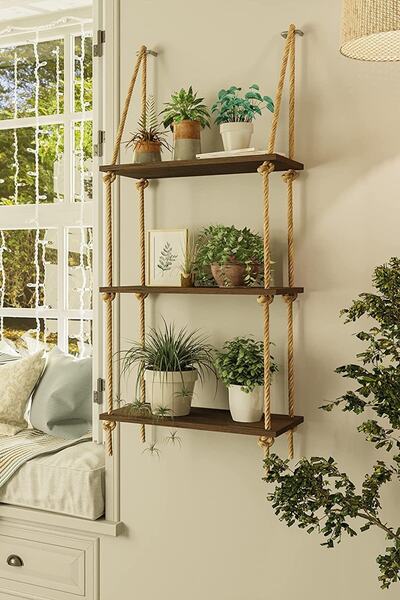 Alyones 3 Katlı Koyu Kahve Halatlı Duvarı Asma Yüzer Raflar, Rustik Kahverengi Duvar Rafı, 2 Piton Kancalı