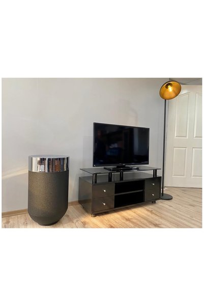 evdeniste Dekoratif Gümüş Darbuka Siyah Saksı 70 Cm+sehpa 60 Cm (ikili Set)