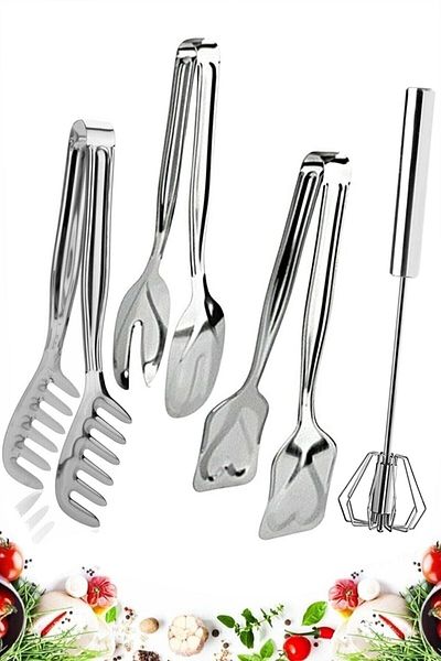 Trouvaille 4 Piece Steel Pasta Tongs, Salad Tongs, Cake Tongs, Automatic Beater Set Kitchen Set