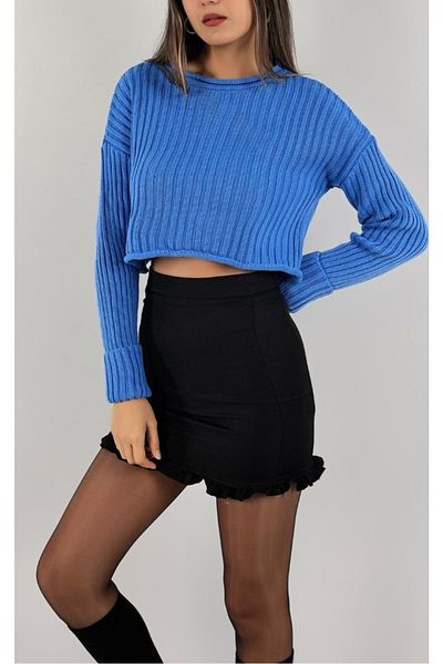 BAHHAR Pulover crop tricotaj pentru femei albastru (compatibil cu marimea S-m-l-xl)
