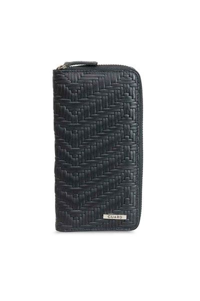 GUARD Black Straw Printed Genuine Leather Zippered Portfolio Wallet