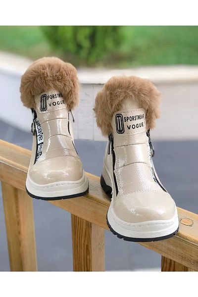 Surpie Shoes Παιδικές γούνινες μπότες με λεπτομέρειες, αντιολισθητικές σόλα, παιδικές μαύρες μπότες με φερμουάρ