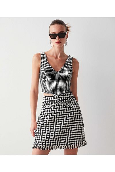 İpekyol Crop-Bluse mit Hahnentrittmuster