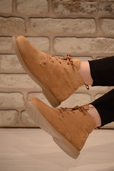 Isy Kadın Camel Süet Bağlı Haşpapi Düz Taban Bot&bootie