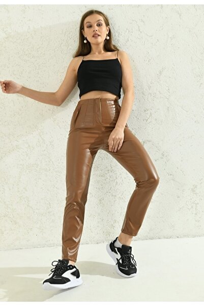 modasindoma Kadın Önü Pensli Deri Pantolon