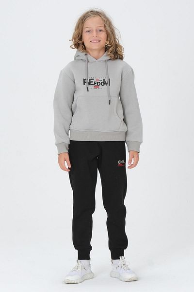 Black One Boy's Hooded Print Detailed Top and Bottom Cardoned Cargo Pocket 3 Thread Fabric Children's Tracksuit