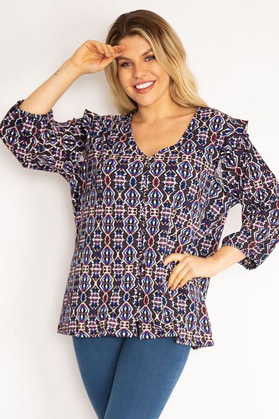 Şans Women's Large Size Colorful Buttoned Front Frilled Shoulder Tunic 65n35120