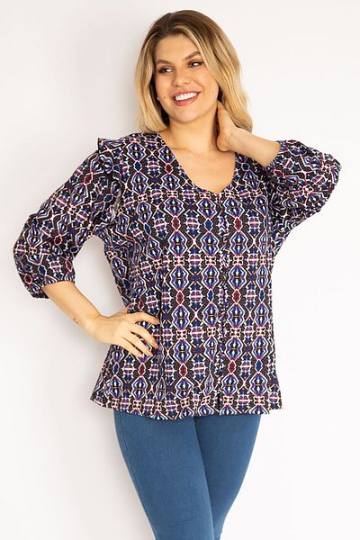 Şans Women's Large Size Colorful Buttoned Front Frilled Shoulder Tunic 65n35120