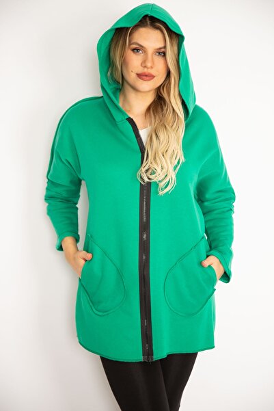 Şans Women's Large Size Green Front Zipper Pocket and Hooded Coat 65n35108