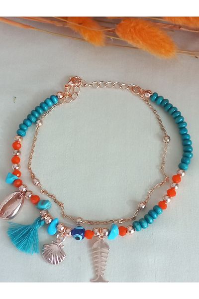 İPAR AKSESUAR Women - Turquoise Wooden Tassel Rose Chain Anklet