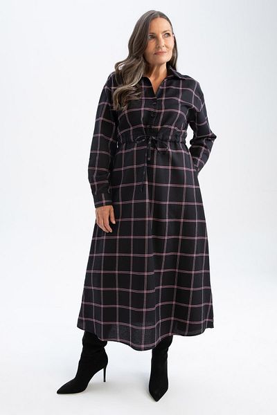 DeFacto Traditional Shirt Collar Checkered Long Sleeve Dress