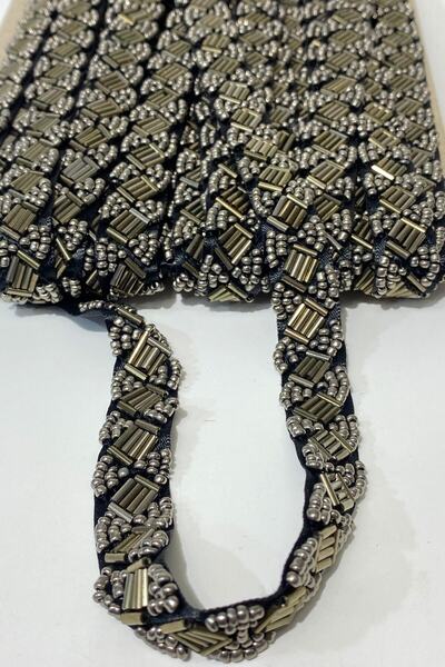 Bontex Bordură decorativă cu dungi brodate cu țevi și mărgele de nisip, gri a...