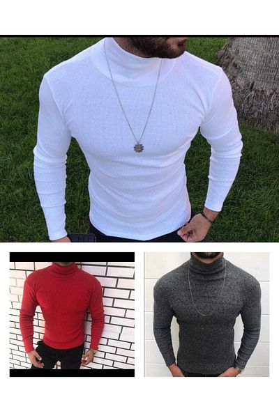 FATELLA Unisex 3-Piece Full-Neck Slim Fit Ribbed Model Knitwear Turtleneck Sweater