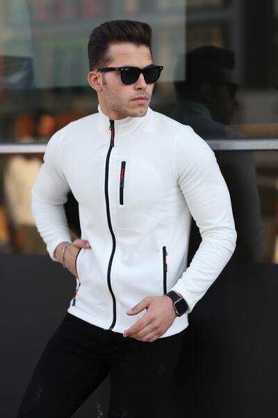 Kozik Men's Fleece Cardigan - White, Shoftsell, Full Zip, 3 Pockets