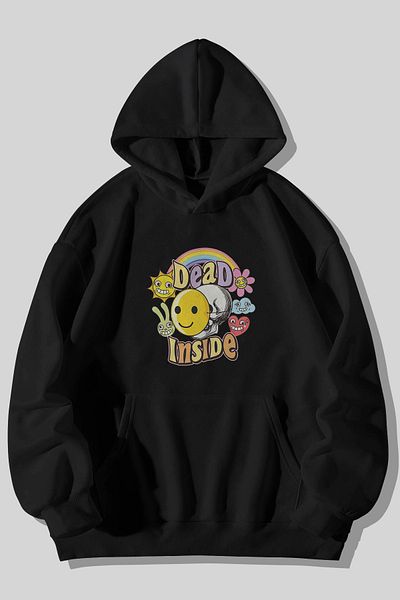 Harmandar Dead Inside Depression Printed Unisex Negru Buzunar Cangur Hanorac cu glugă