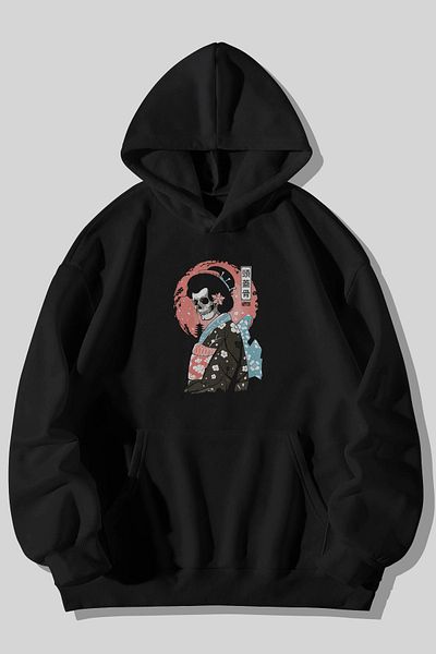 Harmandar Skeleton Geisha Printed Unisex Negru Buzunar Cangur Hanorac cu glugă