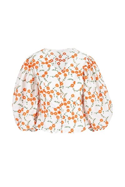 By Mare Style Suzanne Shirt - Orange Pattern, Flywheel Sleeve, White Embroidery Shirt