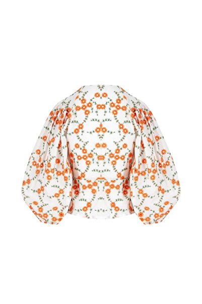 By Mare Style Suzanne Shirt - Orange Pattern, Flywheel Sleeve, White Embroidery Shirt