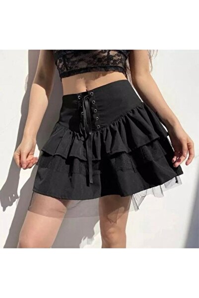 Köstebek Μαύρη γοτθική φούστα με λεπτομέρεια από τούλι με κορδόνια