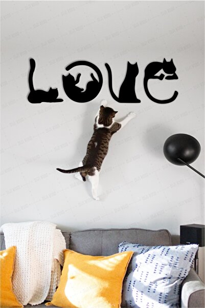Diji Wood Kedi Tablosu Love Duvar Yazısı Dekoratif Tablo Ahşap Duvar Süsü