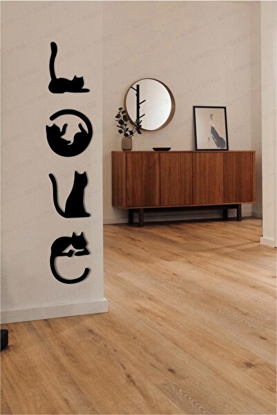 Diji Wood Kedi Tablosu Love Duvar Yazısı Dekoratif Tablo Ahşap Duvar Süsü